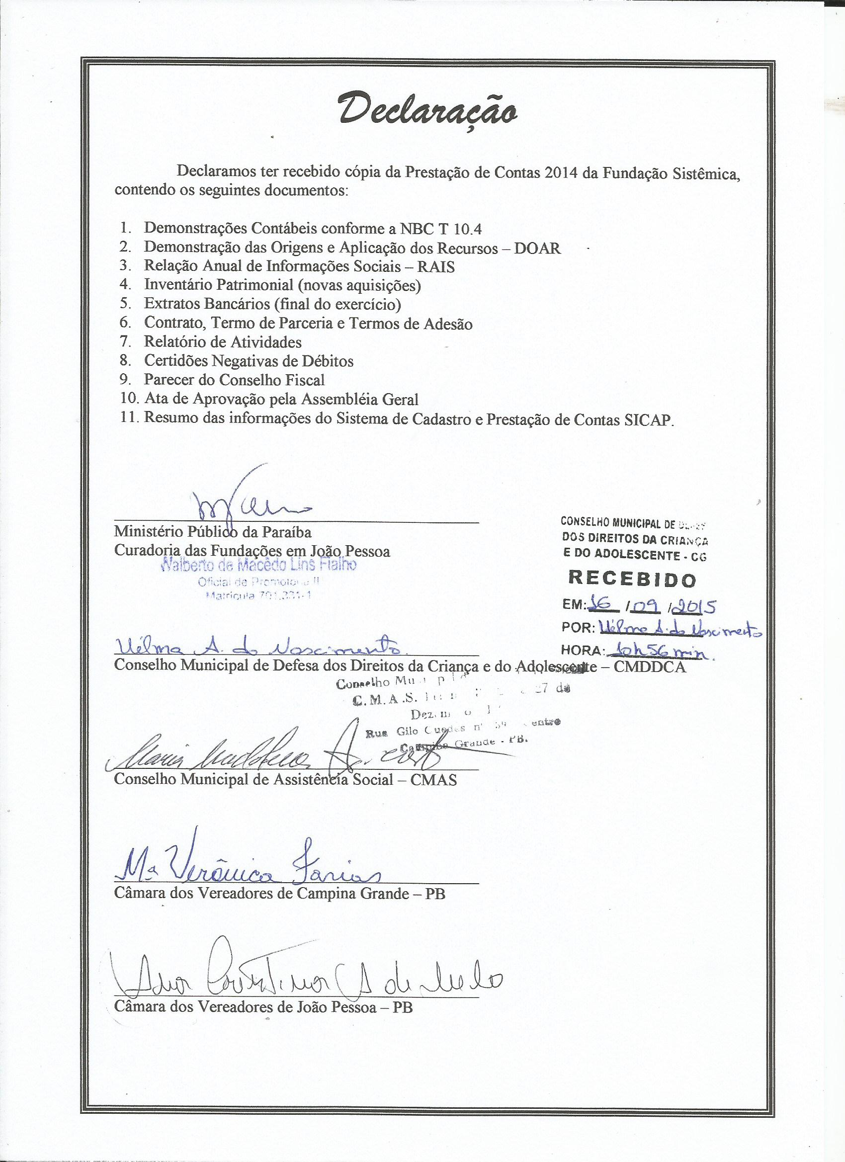 Declaração de Entrega da Prestação de Contas 2014